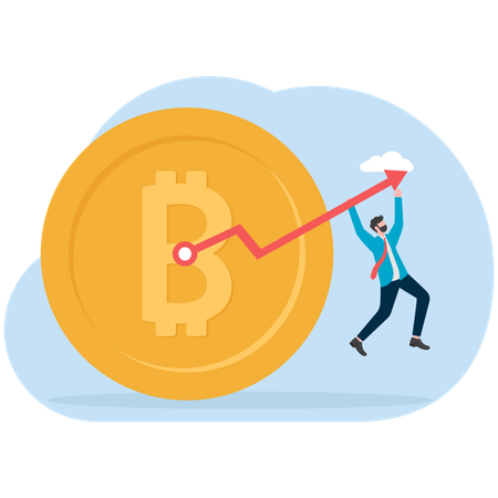 Businessman hanging on bitcoin profit chart  Illustration