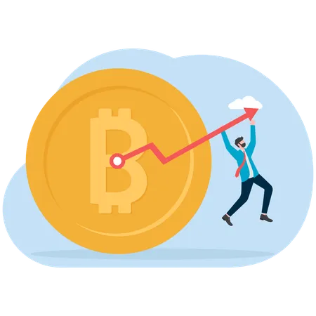 Businessman hanging on bitcoin profit chart  Illustration