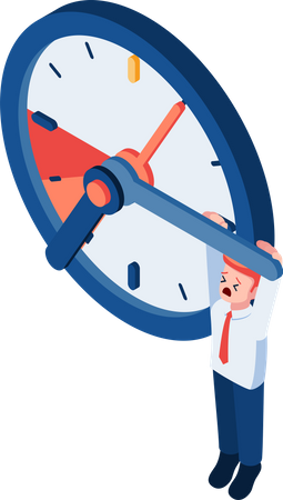 Businessman Hanging on Clock. Deadline and Time Management Concept.  Illustration