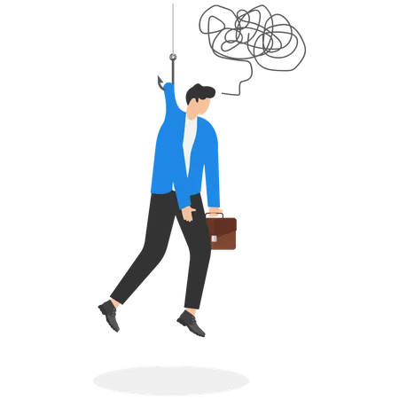 Businessman Character Hanging On Fishing Hook Feeling Depressed Illustration