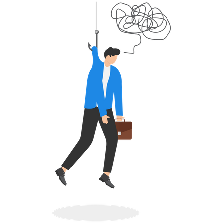 Businessman hanging on fishing hook feeling depressed  Illustration