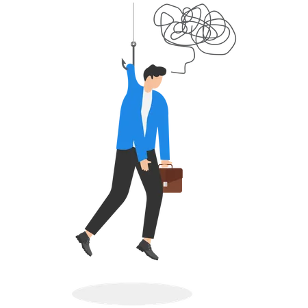 Businessman hanging on fishing hook feeling depressed  Illustration