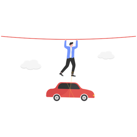 Businessman hanging on rope with car hanging to his feet  Illustration