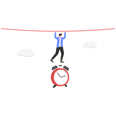 Businessman hanging on rope with clock hanging to his feet  Illustration