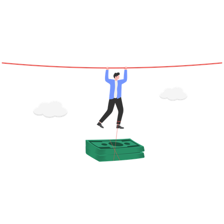 Businessman hanging on rope with dollar hanging to his feet  Illustration