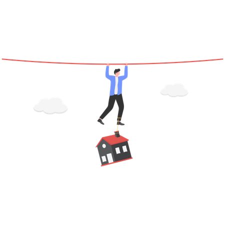 Businessman hanging on rope with house hanging to his feet  Illustration