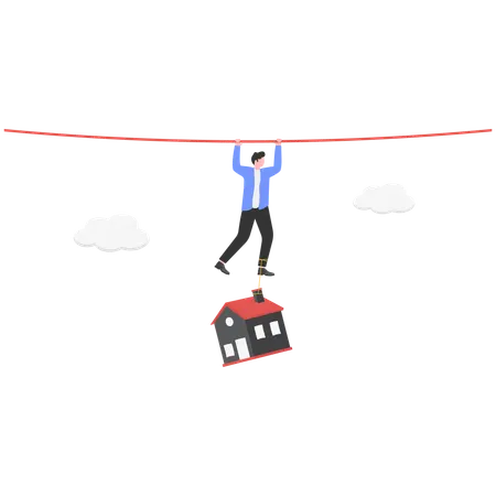 Businessman hanging on rope with house hanging to his feet  Illustration