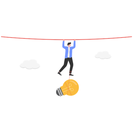 Businessman hanging on rope with idea hanging to his feet  Illustration