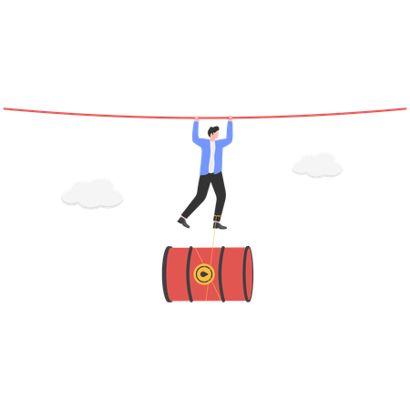 Businessman hanging on rope with oil hanging to his feet  Illustration
