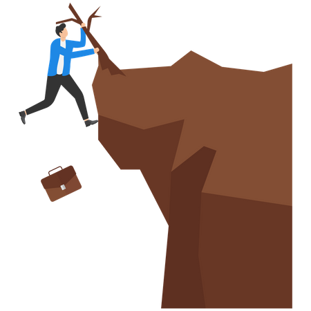 Businessman hanging on tip of cliff  Illustration