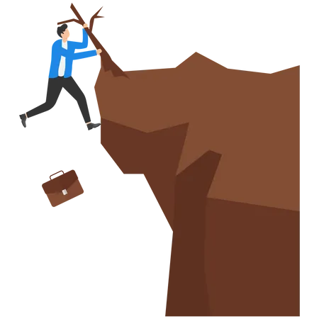 Businessman hanging on tip of cliff  イラスト