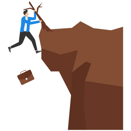 Businessman hanging on tip of cliff  Illustration