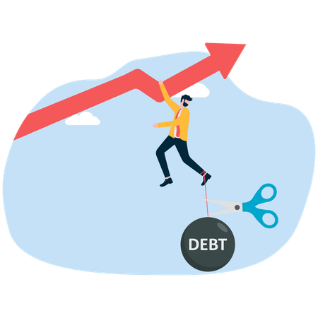 Businessman hanging with growth chart while getting come out from debt  Illustration