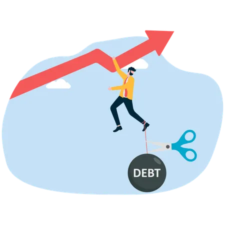 Businessman hanging with growth chart while getting come out from debt  Illustration