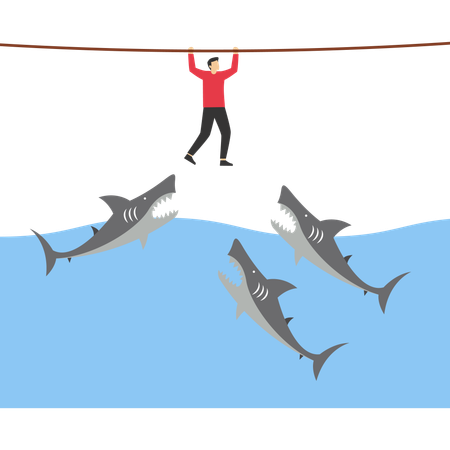 Businessman hangs on for dear life from rope as he swings above group of circling sharks  Illustration