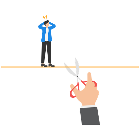 Businessman hangs on rope with giant hand uses scissors and cuts rope  Illustration