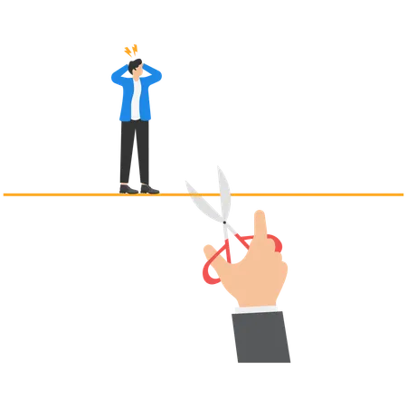 Businessman hangs on rope with giant hand uses scissors and cuts rope  Illustration