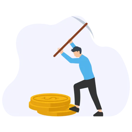 Businessman harvesting money with scythe  Illustration
