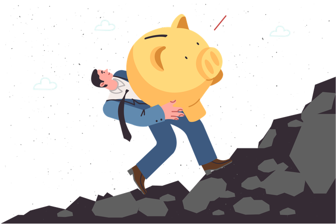 Businessman has saved money carries large piggy bank walking up cliff and trying to save capital  Illustration