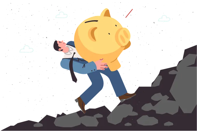 Businessman Who Has Saved Money Carries Large Piggy Bank Walking Up Cliff And Trying To Save Capital Investor Guy With Moneybox Wants To Maintain Financial Well Being To Use Money In Old Age Illustration