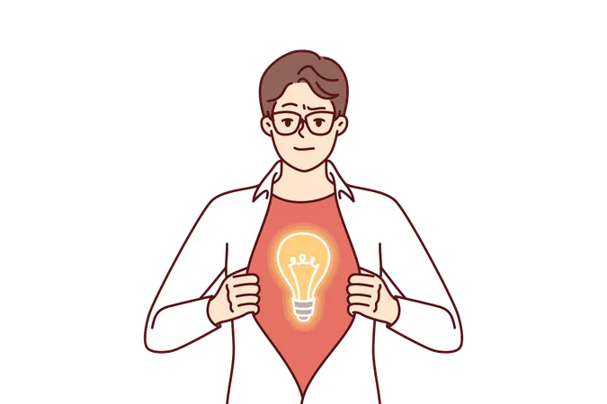 Businessman With Brilliant Idea Rips Shirt On Chest Showing Off Superhero Costume With Light Bulb Male Manager Heroically Proposes New Idea To Improve Business Processes Or Increase Sales Illustration