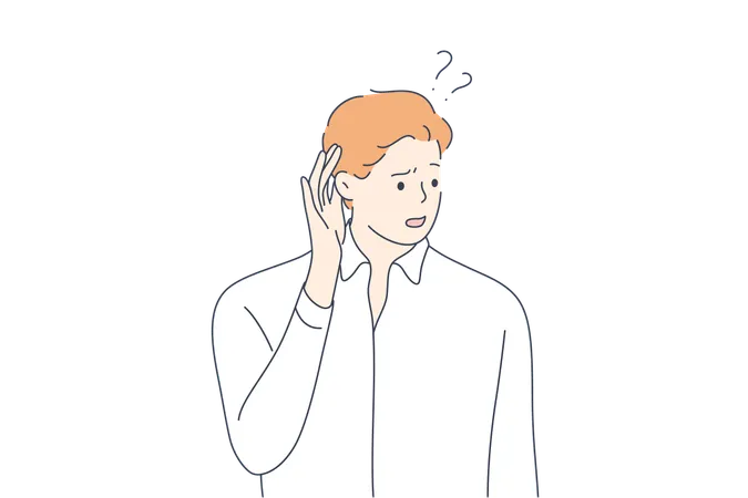 Emotion Face Expression Rumor Desease Health Care Concept Young Deaf Serious Focused Man Guy Teenager Character Standing With Hand Over Ear Listening Or Hearing To Gossip Deafness Illustration Illustration