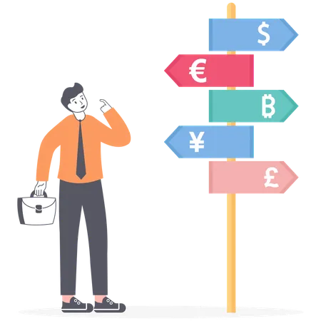 Vector Illustration Of Business Strategy Businessman Or Manager Have To Choose Between Different Routes He Is Looking On A Road Sign With Directions Illustration