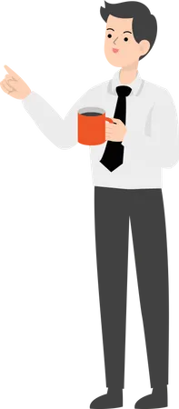 Businessman having coffee and pointing somewhere  Illustration