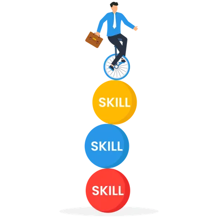 Productive Master Productivity And Project Management Skill Multitasking Work And Time Management Concept Skillful Businessman Riding Unicycle With All Of His Skills Concept Illustration