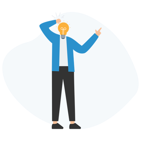 Businessman having new idea and pointing with light bulb head  Illustration