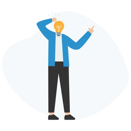 Businessman having new idea and pointing with light bulb head  Illustration