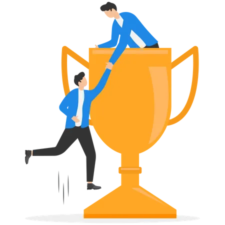 Businessman help colleagues to climb up ladder step on winning trophy  Illustration
