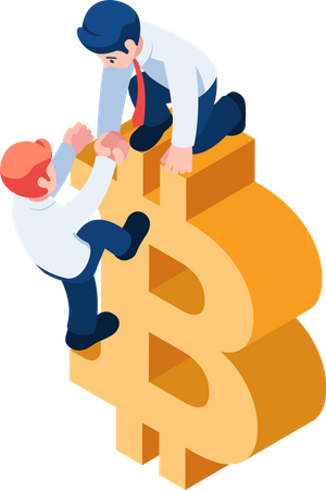 Businessman Help Friend to Climb Up Bitcoin Investment Consultant and Financial Advisor  Illustration
