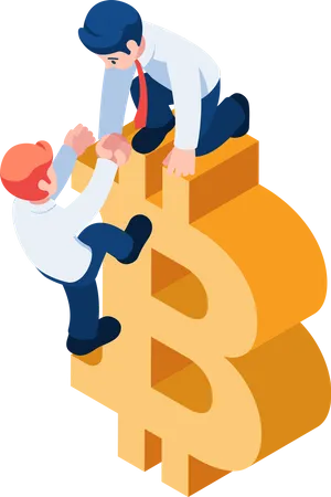 Flat 3 D Isometric Businessman Help Friend To Climb Up Bitcoin Bitcoin Investment Consultant And Financial Advisor Concept Illustration