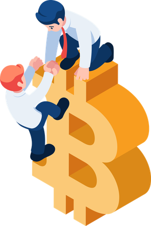 Businessman Help Friend to Climb Up Bitcoin Investment Consultant and Financial Advisor  Illustration