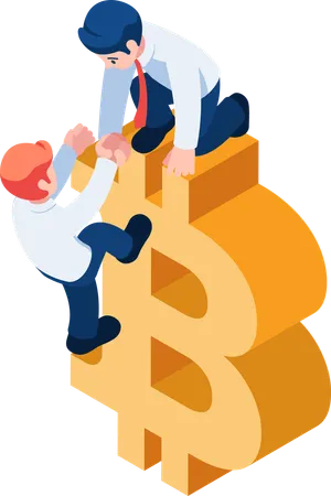 Businessman Help Friend to Climb Up Bitcoin Investment Consultant and Financial Advisor  Illustration