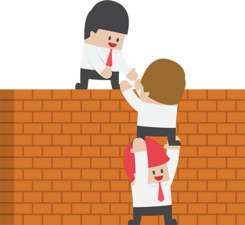 Businessman help his friend to cross the brick wall Illustration