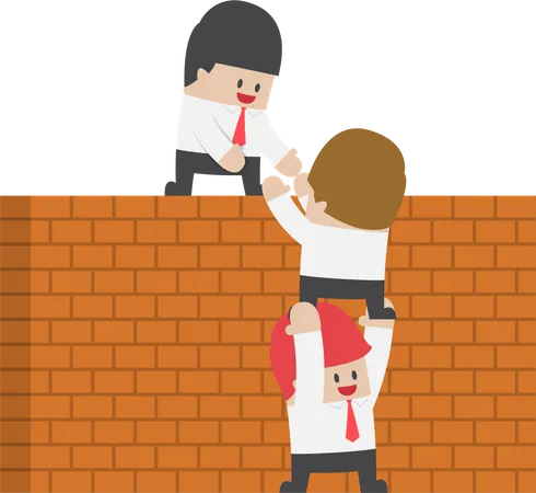 Businessman Help His Friend To Cross The Brick Wall Teamwork Concept Illustration