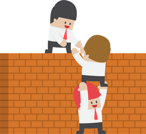 Businessman help his friend to cross the brick wall  Illustration