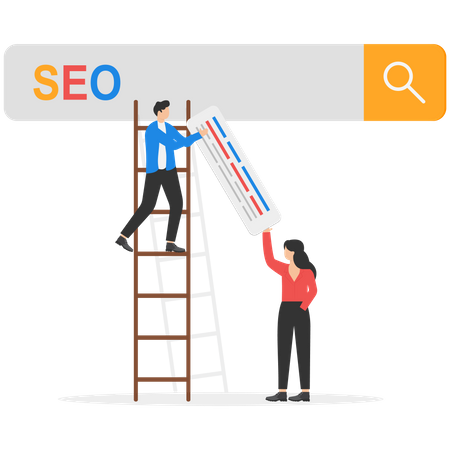 Businessman help optimize website URL to 1st rank search bar  Illustration