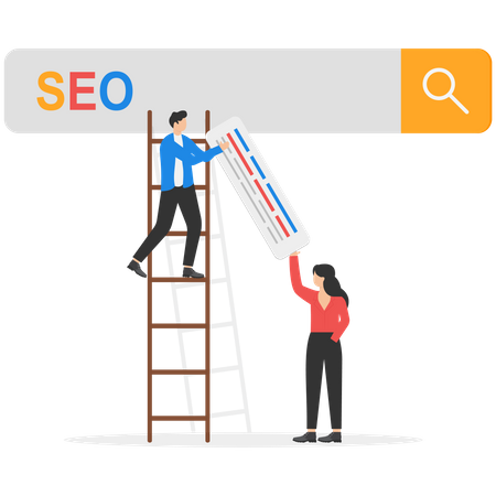 Businessman help optimize website URL to 1st rank search bar  Illustration