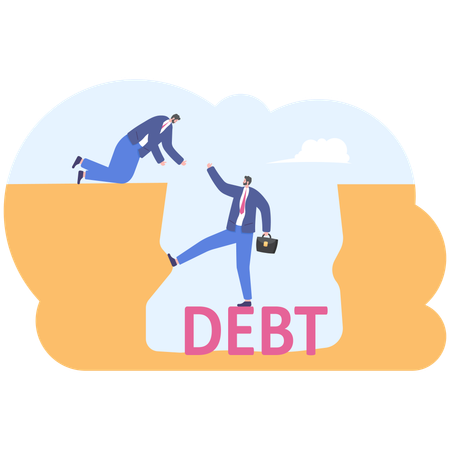 Businessman helping businessman climb up from debt hole  Illustration