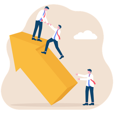 Businessman helps another businessman reach top of arrow  Illustration