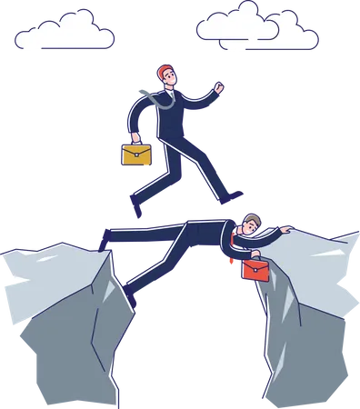 Business Man Use Partner To Pass Mountain Gap Two Businessmen Successful Insurance Strategy Crisis Partnership Investment And Finance Support Concept Linear Vector Illustration Illustration