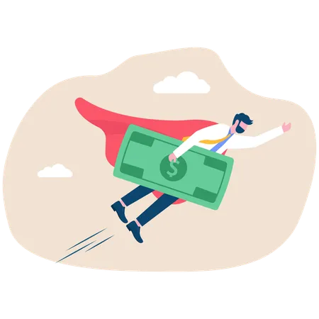 Businessman hero holding dollar note in sky  Illustration