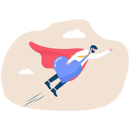 Businessman hero holding heart flies in sky  Illustration