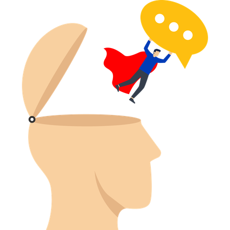 Businessman hero holding message chat flying in  sky  Illustration