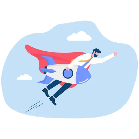 Businessman hero holding rocket and flies in sky  Illustration