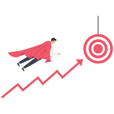 Businessman hero with a red cape is flying over the stock graph to the target  Illustration