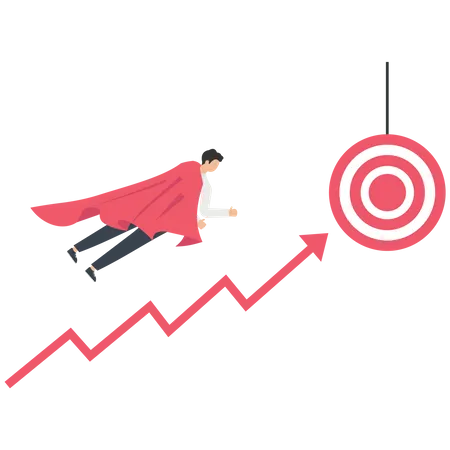 Businessman hero with a red cape is flying over the stock graph to the target  Illustration